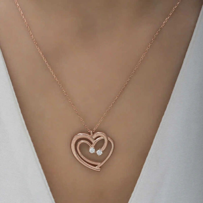 925 Ayar Gümüş Rose Birleşmiş Kalpler Kadın Kolye T6581 (599599)
