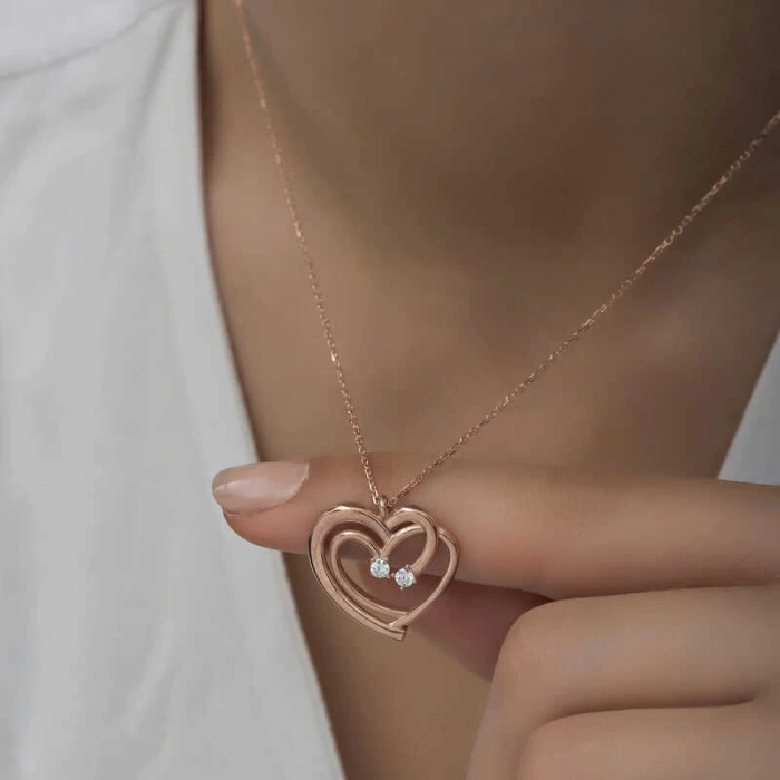 925 Ayar Gümüş Rose Birleşmiş Kalpler Kadın Kolye T6581 (599599)