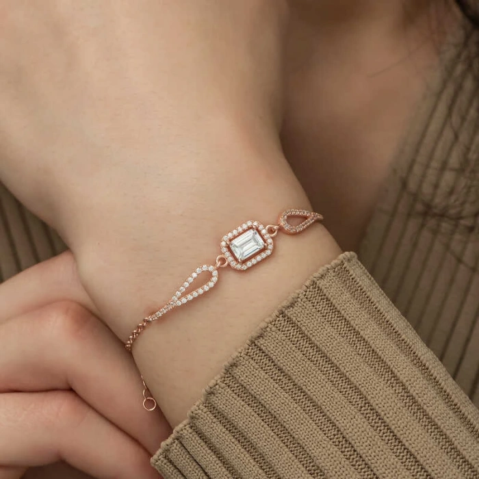 Byhodi 925 Ayar Gümüş Rose Dikdörtgen Baget Bileklik T5240 (599599)