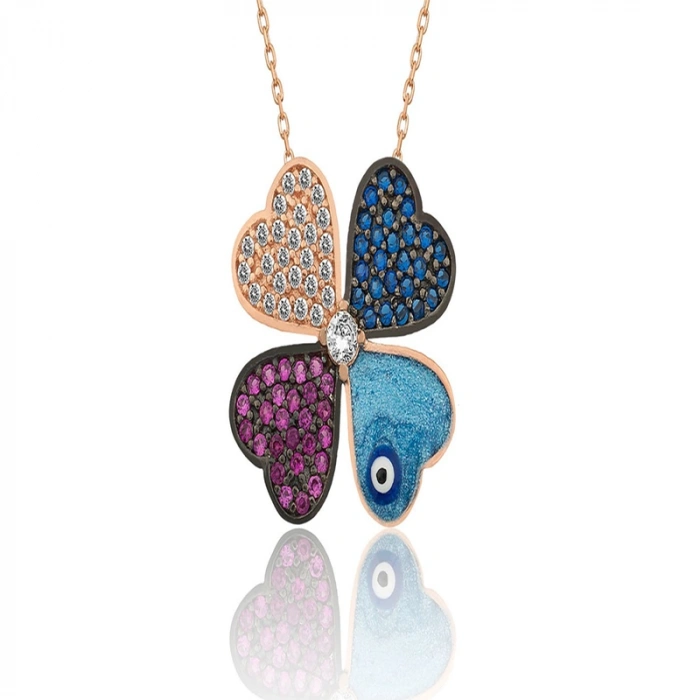 925 Ayar Gümüş Rose Dört Yapraklı Yonca Kadın Kolye T7671 (599599)