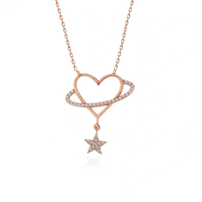 925 Ayar Gümüş Rose Kalp Yıldız Kadın Kolye T7350 (599599)