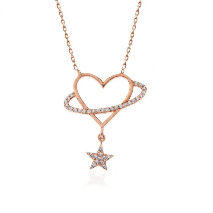925 Ayar Gümüş Rose Kalp Yıldız Kadın Kolye T7350 (599599)