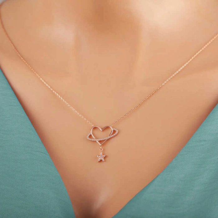 925 Ayar Gümüş Rose Kalp Yıldız Kadın Kolye T7350 (599599)