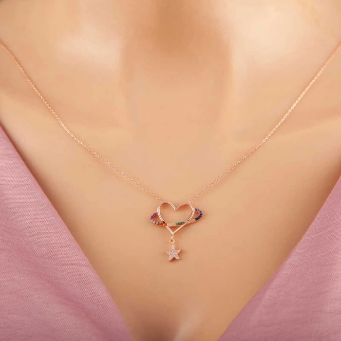 925 Ayar Gümüş Rose Kalp Yıldız Kadın Kolye T7354 (599599)