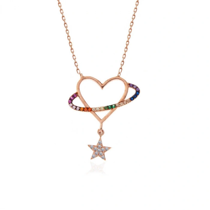 925 Ayar Gümüş Rose Kalp Yıldız Kadın Kolye T7354 (599599)