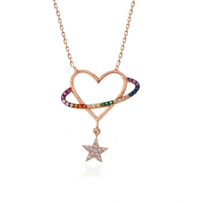 925 Ayar Gümüş Rose Kalp Yıldız Kadın Kolye T7354 (599599)