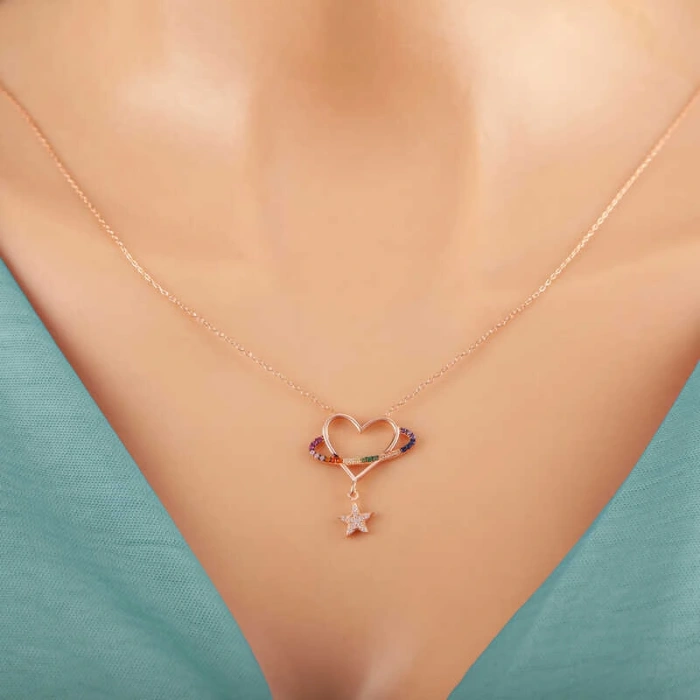 925 Ayar Gümüş Rose Kalp Yıldız Kadın Kolye T7354 (599599)