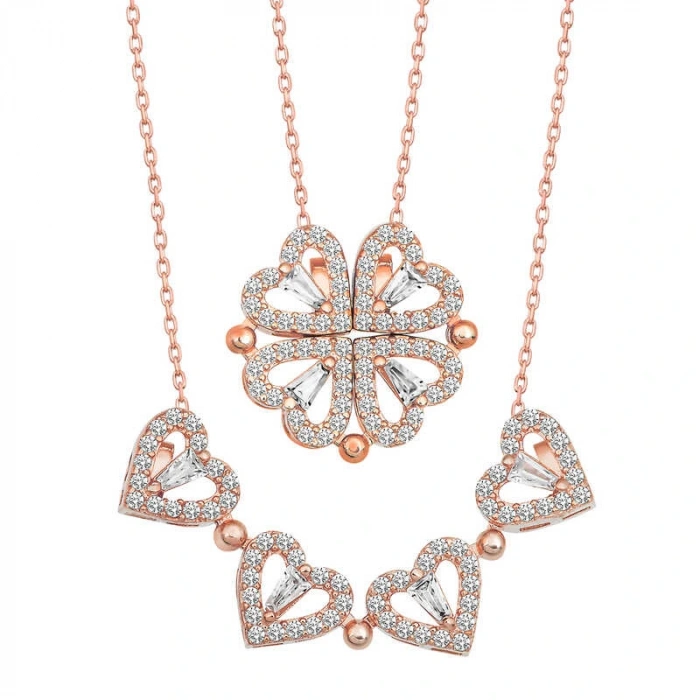 Byhodi 925 Ayar Gümüş Rose Kalpli Açılabilen Yonca Kadın Gümüş Kolye T6982 (599599)