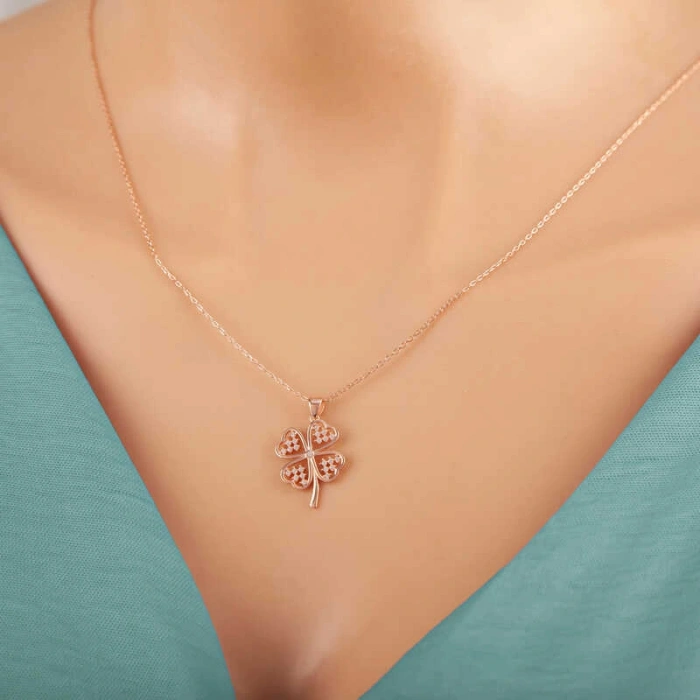 925 Ayar Gümüş Rose Kalpli Dört Yapraklı Yonca Kadın Kolye T7364 (599599)