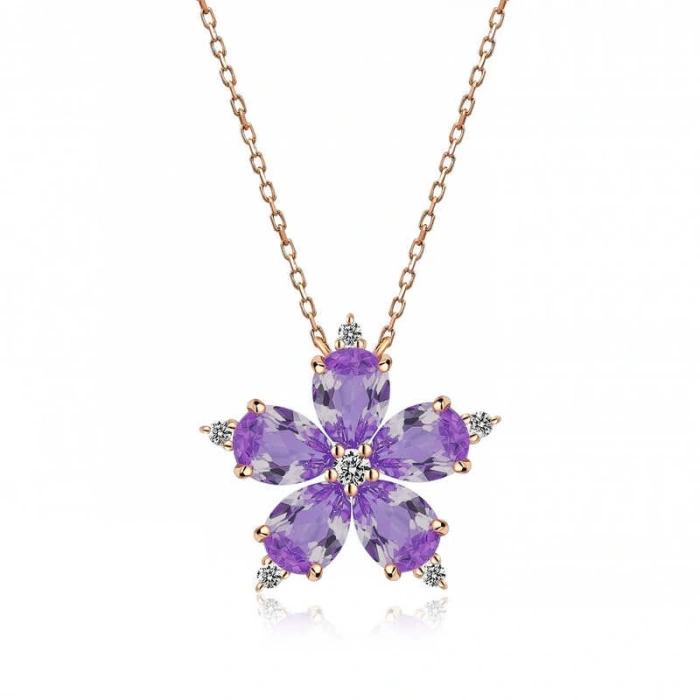 925 Ayar Gümüş Rose Lila Kamelya Çiçeği Kolye T5181 (599599)