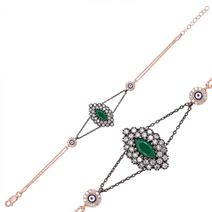 Byhodi 925 Ayar Gümüş Rose Mat Yeşil Taşlı Otantik Bileklik BR0460468 (599599)