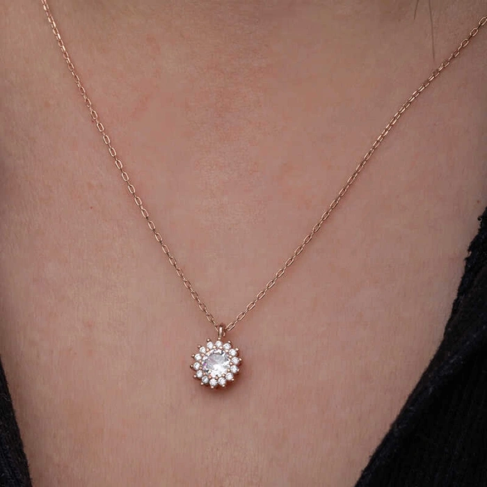 925 Ayar Gümüş Rose Minimal Yuvarlak Anturaj Kadın Kolye T8571 (599599)