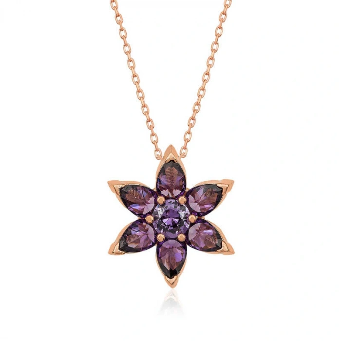 Byhodi 925 Ayar ​Gümüş Rose Mor Çiçek Kolye T5160 (599599)
