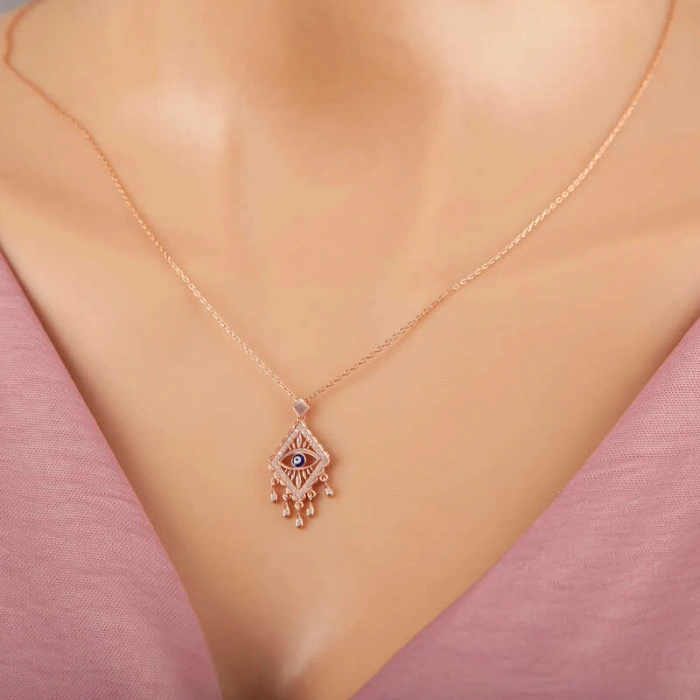 925 Ayar Gümüş Rose Nazarlı Göz Kolye T7365 (599599)