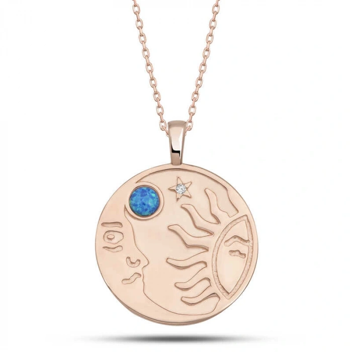 925 Ayar Gümüş Rose Opal Mavi Taşlı Ay Güneş Kadın Kolye T7617 (599599)