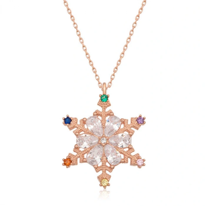 Byhodi 925 Ayar Gümüş Rose Renkli Taşlı Kar Tanesi Kadın Gümüş Kolye T7091 (599599)
