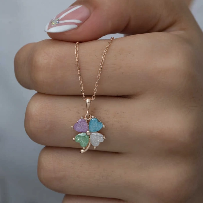 925 Ayar Gümüş Rose Renkli Taşlı Yonca Kadın Gümüş Kolye T6919 (599599)