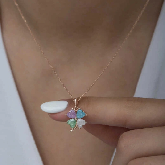 925 Ayar Gümüş Rose Renkli Taşlı Yonca Kadın Gümüş Kolye T6919 (599599)