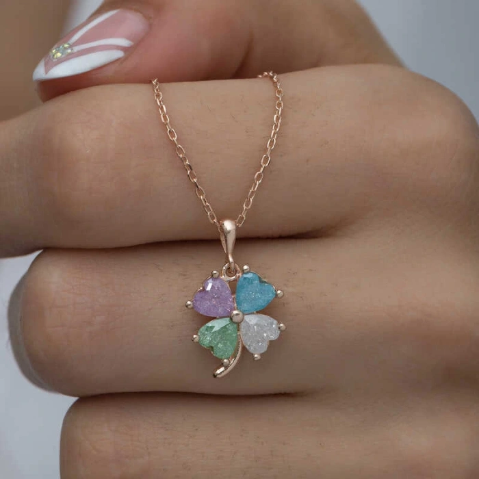 925 Ayar Gümüş Rose Renkli Taşlı Yonca Kadın Gümüş Kolye T6919 (599599)