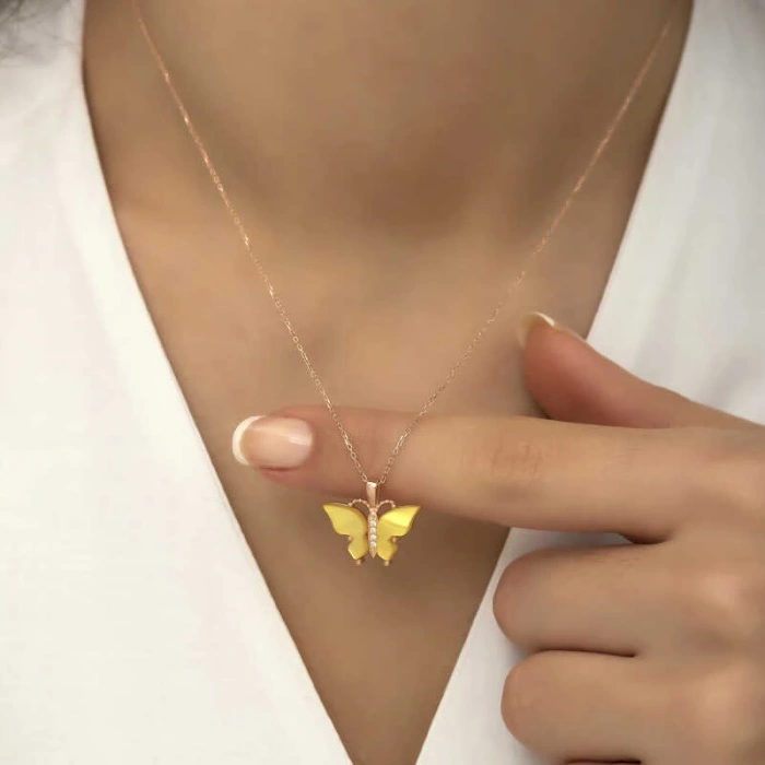 925 Ayar Gümüş Rose Sarı Kaplangözü Taşlı Kelebek Kolye T5918 (599599)