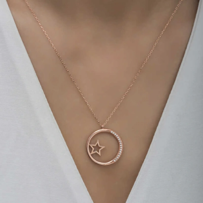 925 Ayar Gümüş Yıldız Detaylı Halka Kadın Gümüş Kolye T6592 (599599)