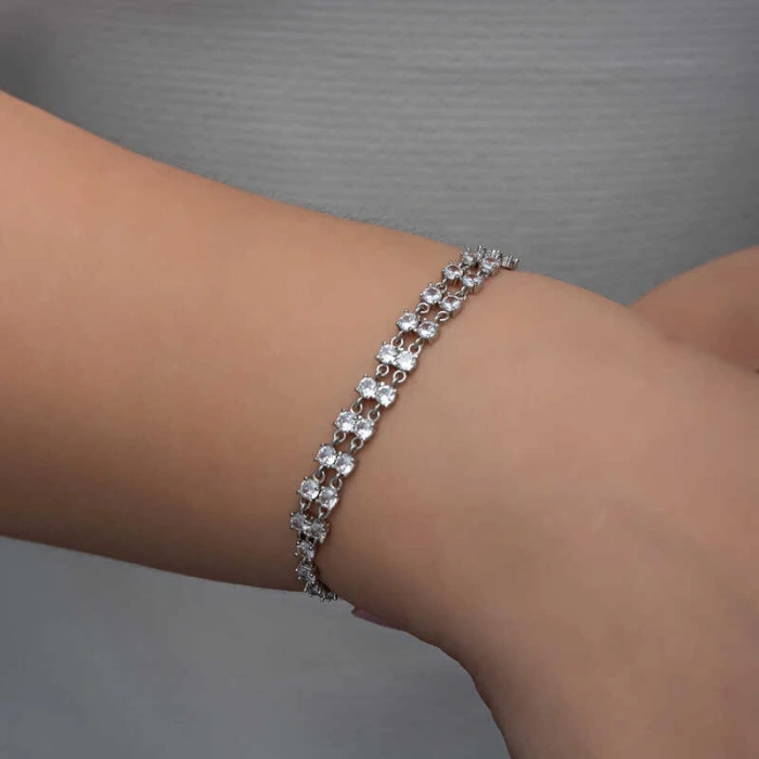 Byhodi 925 Ayar Gümüş Zirkon Taşlı Çift Sıra Kadın Bileklik T8370 (599599)