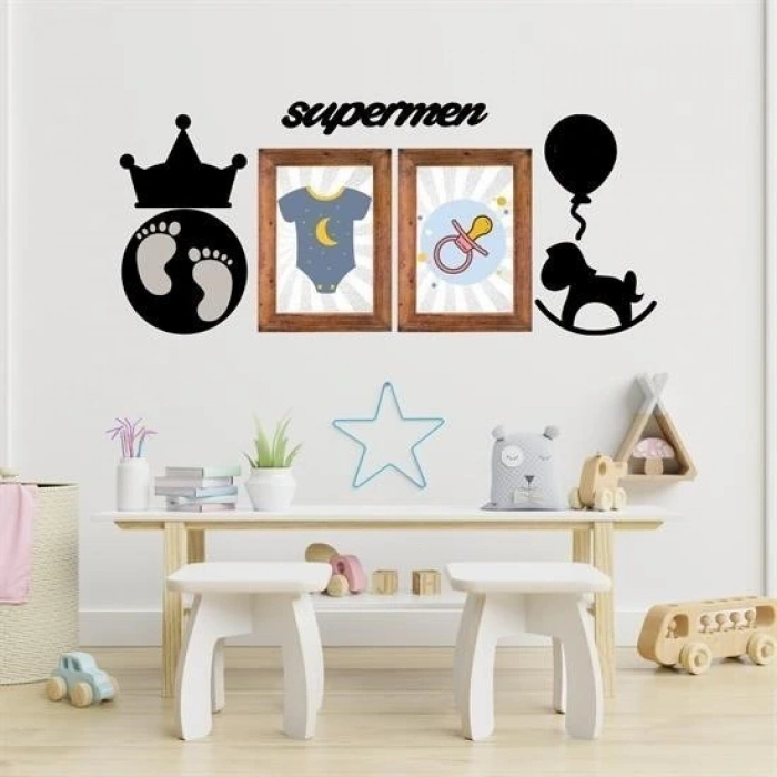 DECO103 Supermen Dekoratif Duvar Süsü Tablo Aksesuar Ahşap Tasarım Hediye Pano Sticker Seti