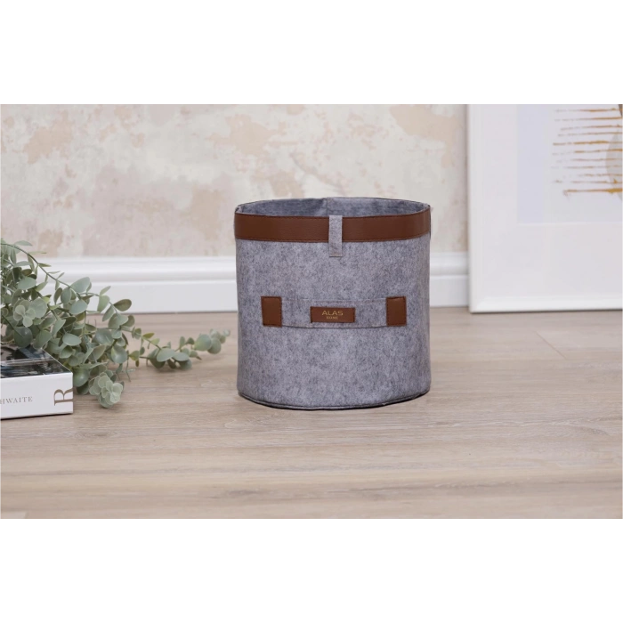 Deri Şeritli Yuvarlak Çok Amaçlı Düzenleyici Organizer Kutu Keçe Sepet (mini) 03822