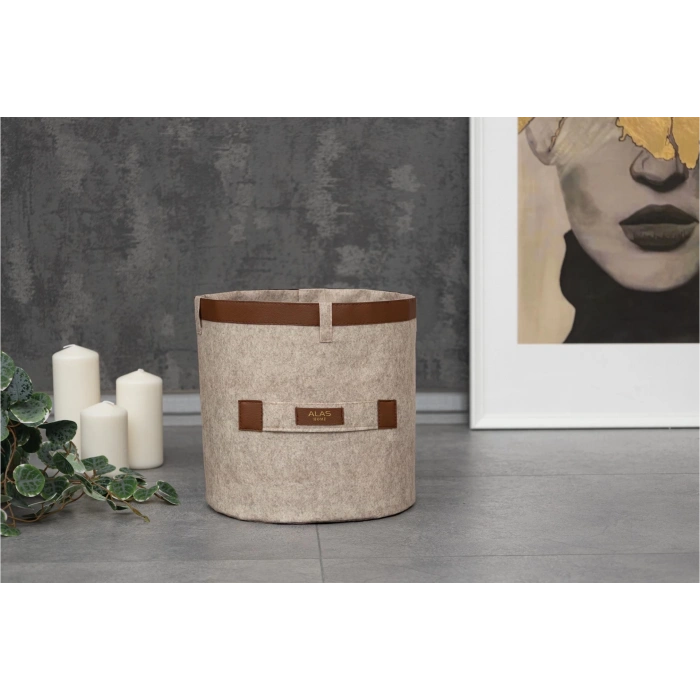 Deri Şeritli Yuvarlak Çok Amaçlı Düzenleyici Organizer Kutu Keçe Sepet (mini) 03822