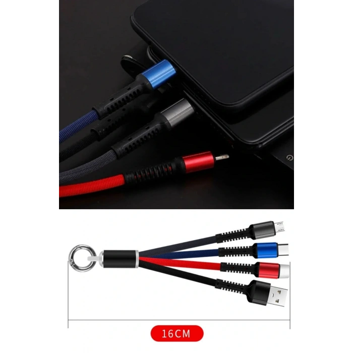 Işıklı Anahtarlık Model 3 in 1 USB Çıkışlı MİKRO,TYPE-C ve İphone Uyumlu Şarj Kablosu