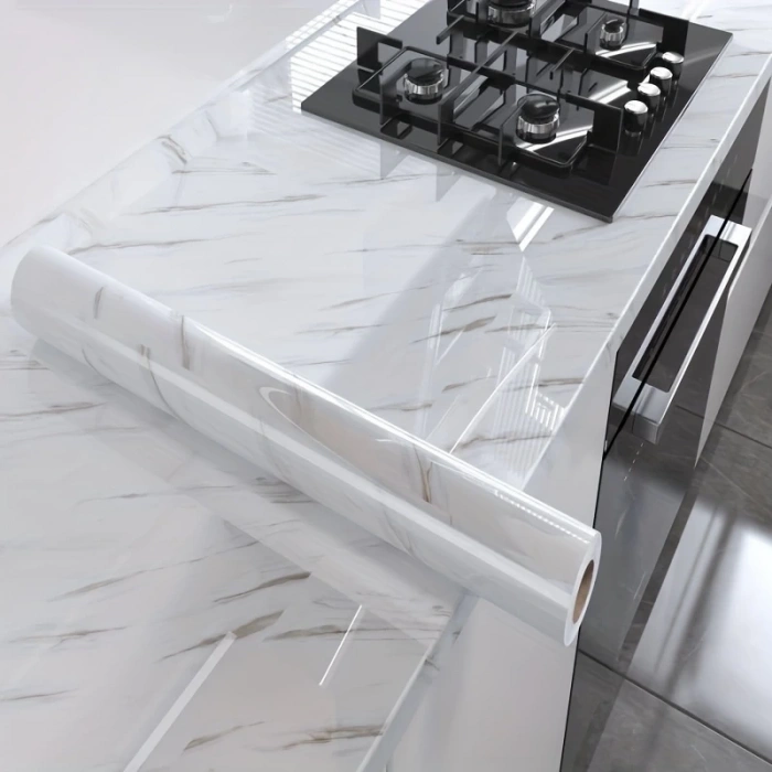 Mermer Desenli Mutfak Duvar Kağıdı Sticker - 5mx60cm Su Geçirmez, Yağa Dayanıklı, Yüksek Sıcaklığa Dayanıklı Tezgah, Dolap, Ocak Yenileme Folyosu T04