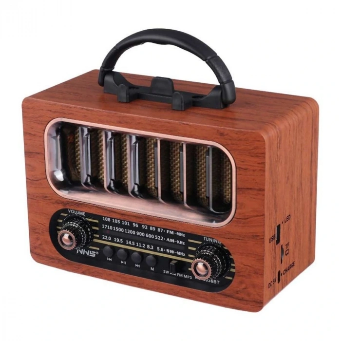 Orta Boy Retro Ahşap Tasarım Bluetooth Hoparlörlü Radyo – FM/AM Destekli, Şarjlı ve Taşınabiliri Radyo NS-6636