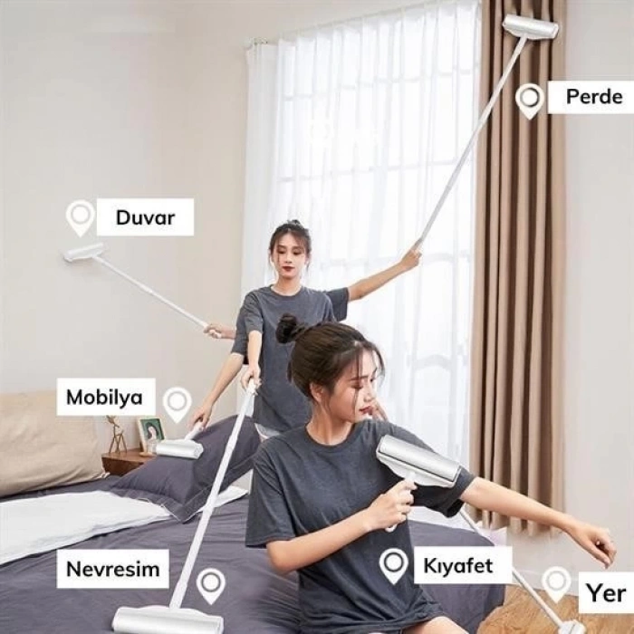 Pratik Temizlik İçin Yapışkanlı Tüy Rulosu 24 Cm Teleskopik Uzayabilen Saplı 2 Yedekli