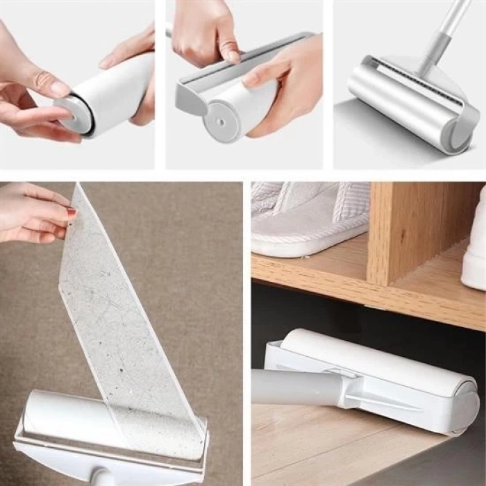 Pratik Temizlik İçin Yapışkanlı Tüy Rulosu 24 Cm Teleskopik Uzayabilen Saplı 2 Yedekli