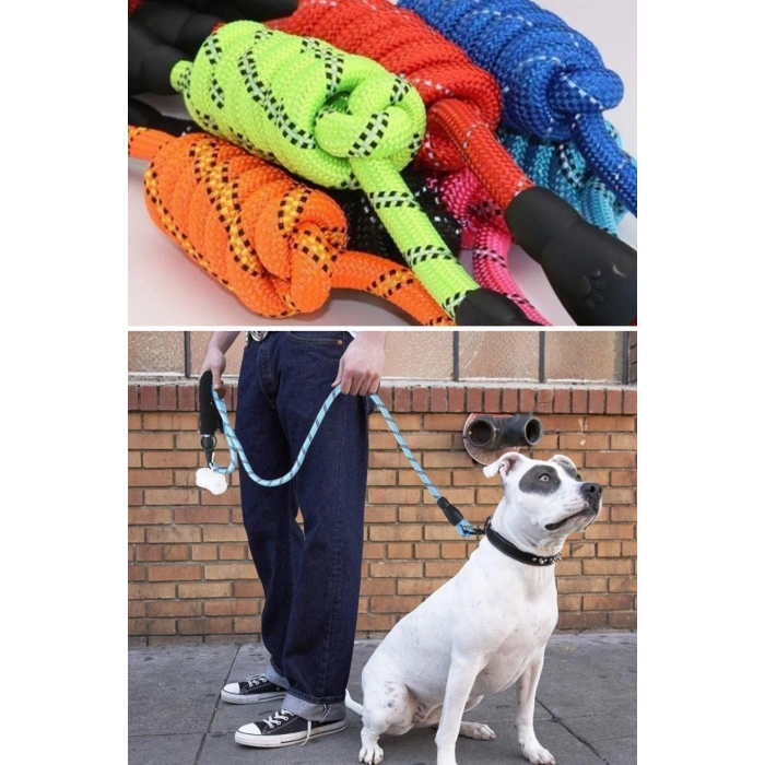 Reflektörlü Fosforlu Köpek Gezdirme Halatı Tasma Kayışı Metal Kancalı 130 cm