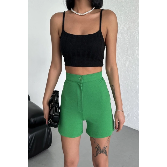 Tarz Ve Rahatlığı Bir Arada Sunan Yüksek Bel Esnek Likralı Krep Şort Yeşil