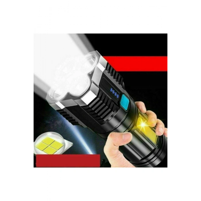 Ultra Parlak El Feneri Usb Şarj 4 Led+yan Cob Led Taktik Günlük Hayat Kamp Avcılık El Feneri