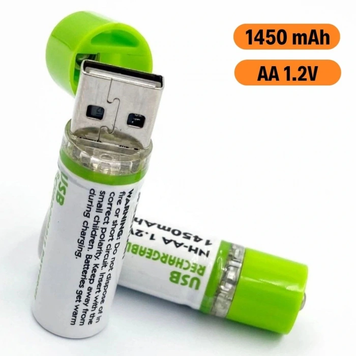 USB Şarjlı 1450mAh AA 1.2V Lityum Kalem Pil – 2’li Set, Tekrar Şarj Edilebilir Uzun Ömürlü Dönüştürülebilir Batarya