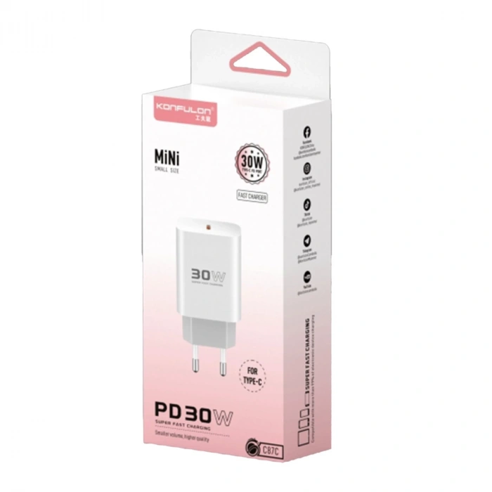 C87c 30w Type-c Çıkışlı Ekstra Dl51 1m Type-c To Type-c Kablolu Pd Şarj Cihazı - Beyaz