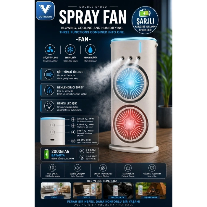 Çift Başlıklı Sprey Fan Nemlendirici Ve Renkli Led Işıklı Beyaz