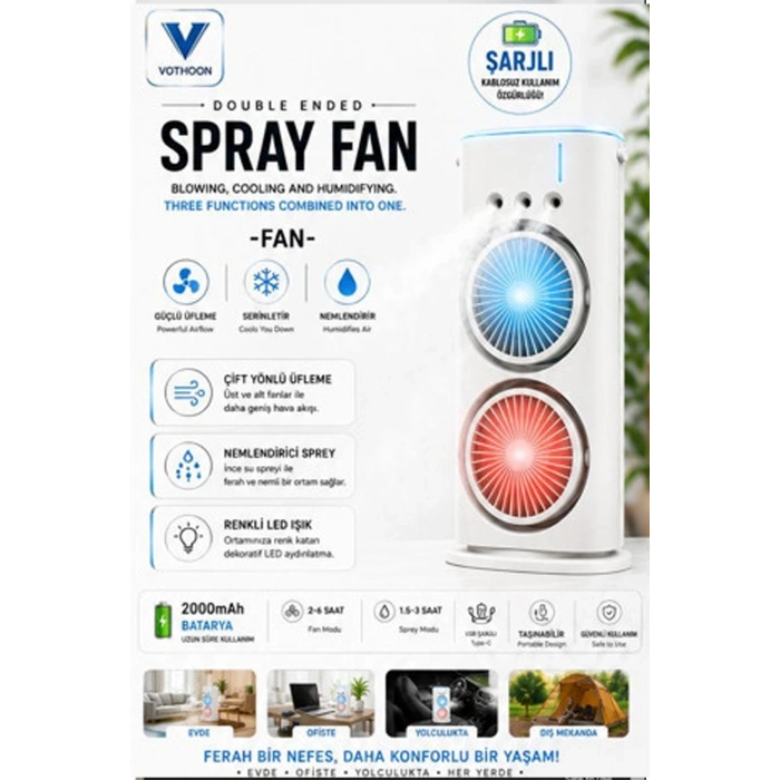 Çift Başlıklı Sprey Fan Nemlendirici Ve Renkli Led Işıklı Beyaz