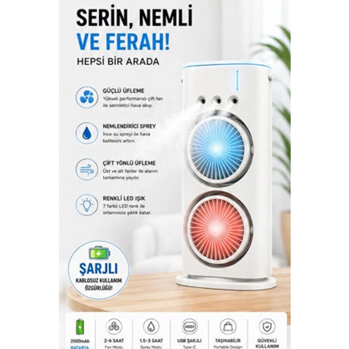 Çift Başlıklı Sprey Fan Nemlendirici Ve Renkli Led Işıklı Beyaz