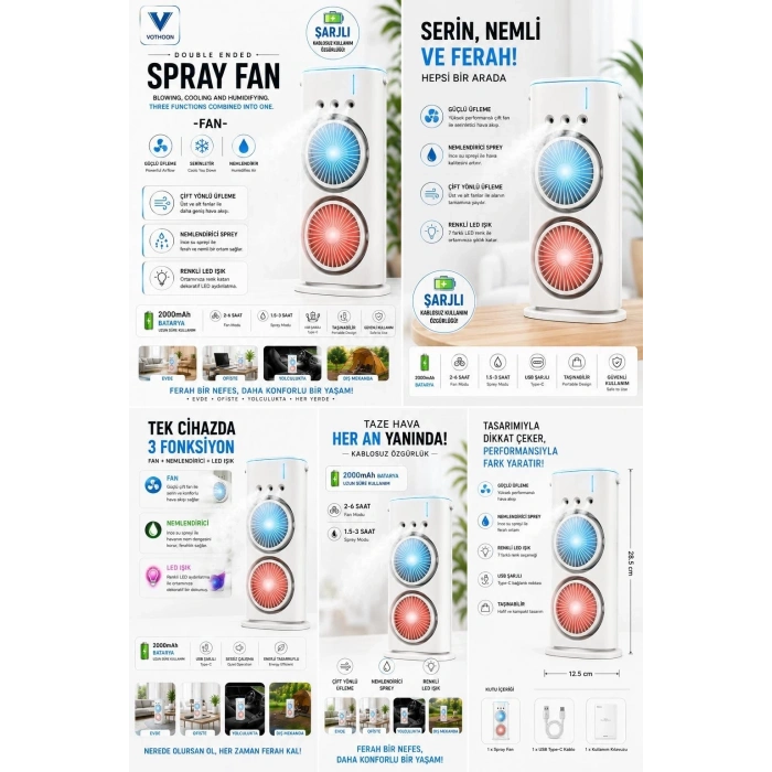 Çift Başlıklı Sprey Fan Nemlendirici Ve Renkli Led Işıklı Beyaz