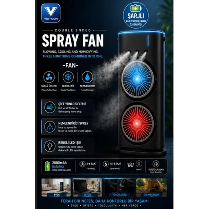 Çift Başlıklı Sprey Fan Nemlendirici Ve Renkli Led Işıklı Siyah