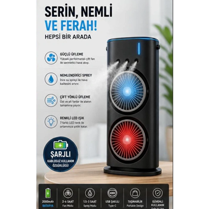 Çift Başlıklı Sprey Fan Nemlendirici Ve Renkli Led Işıklı Siyah