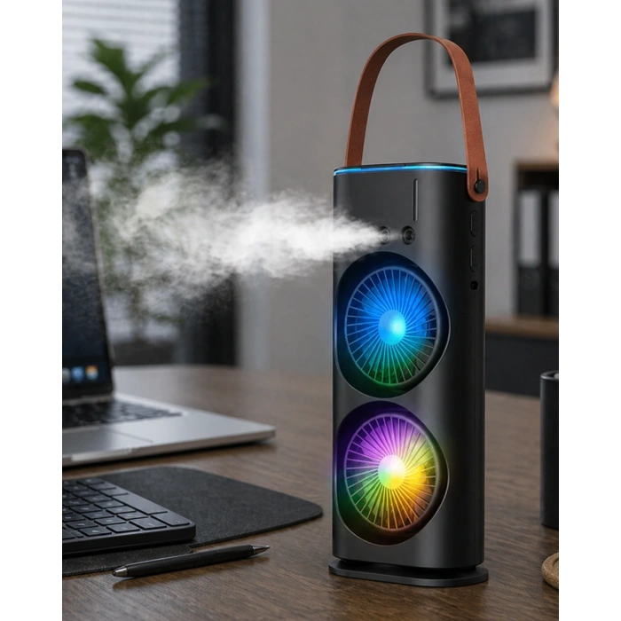 Çift Başlıklı Taşınabilir Fan Rgb Işıklı Sprey Nemlendiricili Masaüstü Serinletici Fan