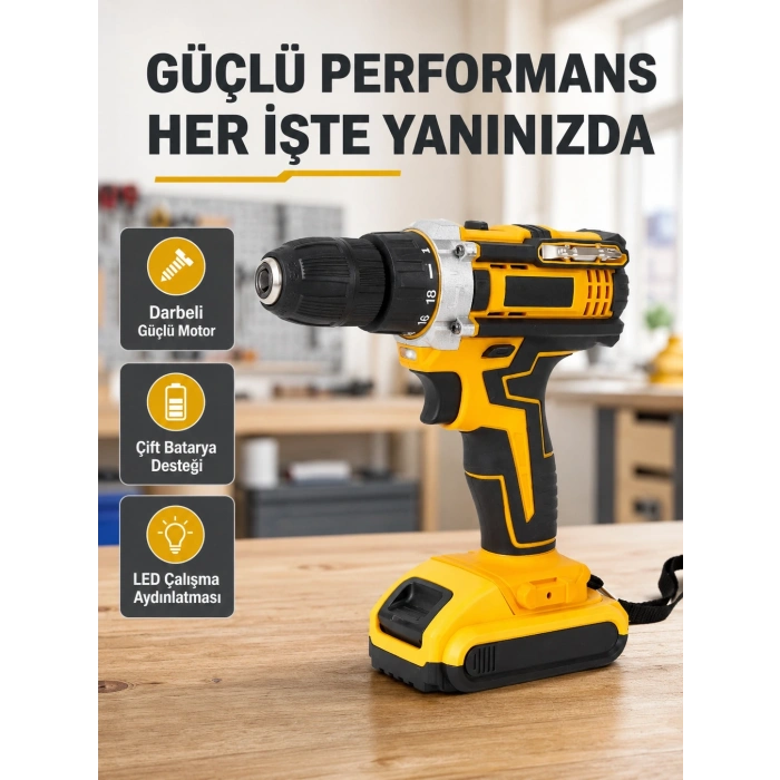 Çift Bataryalı Darbeli Şarjlı Matkap Seti – Metal Dişli, 24 Parça Aksesuar Ve Led Işıklı