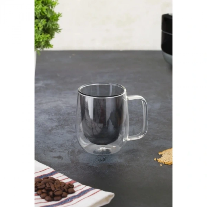 Çift Cidarlı Cam Kupa Gri Renk