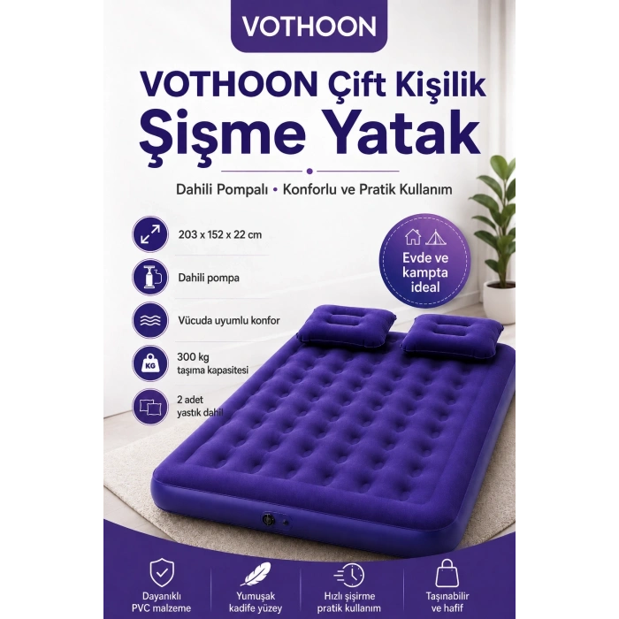 Çift Kişilik Şişme Yatak Dahili Pompalı 203x152x22 Cm 2 Yastıklı