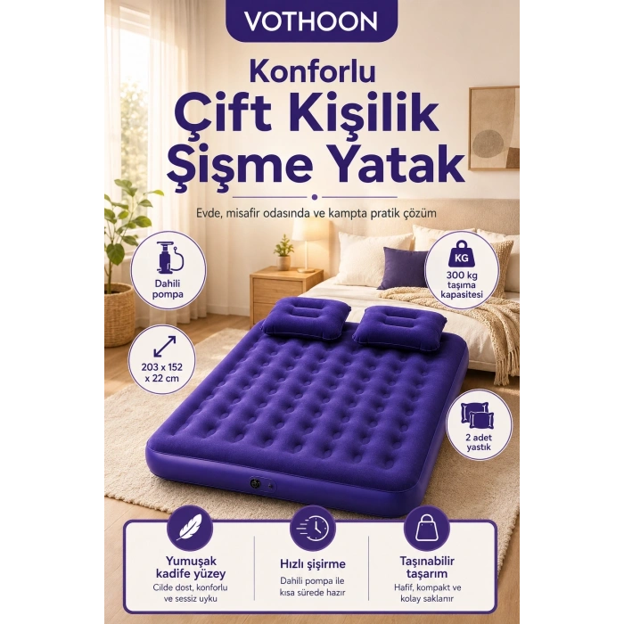 Çift Kişilik Şişme Yatak Dahili Pompalı 203x152x22 Cm 2 Yastıklı